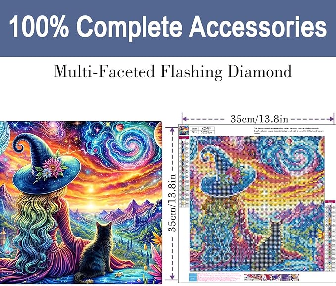 ijbnhd Diamond Art Kits for Adults, Witch Diamond Painting Kits for Adults, 5D Full Drill Round Starry Sky Gem Art Suitable Home Wall Decor 14x14inch