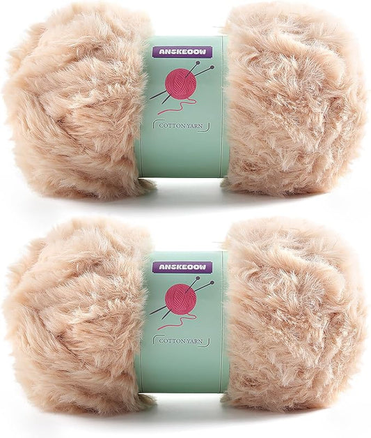 2 Skeins Faux Fur Yarn Soft Fluffy for Crocheting - Chunky Fuzzy Yarn for Crochet Amigurumi, Hat, Shawls, Total Length (71x2) Yards (Apricot Color)