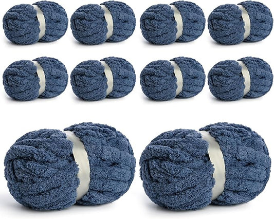 10 Pack Jumbo Chenille Yarn for Crocheting, #10 Super Bulky Baby Soft Yarn for Hand Knitting, 220 yds /70.5 oz Fluffy Chunky Knit Throw Blanket Yarn (Navy Blue)