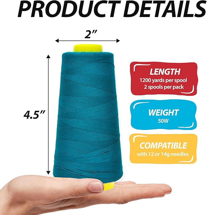 Mandala Crafts Teal Thread Cones for Machine and Hand Quilting - 2400 Yds 50 WT Multiple Purpose Mercerized 100% Cotton Threads for Sewing Machine Serger Embroidery