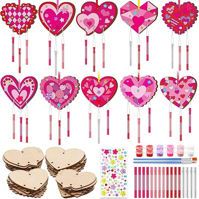 JellyArch 30 Pack Mother's Day Heart Wind Chime Making Kit for Adults Make Your Own Wind Chime DIY Wooden Ornaments Crafts for Activity Birthday Decoration