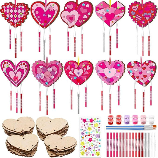 JellyArch 30 Pack Mother's Day Heart Wind Chime Making Kit for Adults Make Your Own Wind Chime DIY Wooden Ornaments Crafts for Activity Birthday Decoration