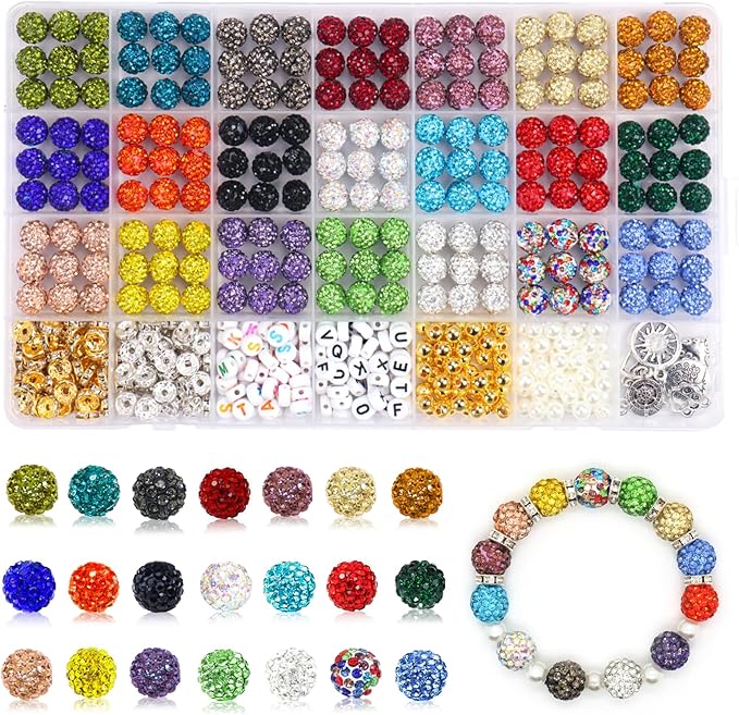 501 Pcs Rhinestone Bead Kit for Bracelet, 10mm Sparkle Clay Crystal Beads for Jewelry Making, 21 Colors Shiny Disco Ball Beads for Crafts Baseball Necklace Keychain Earrings DIY Decoration (Kit 1)