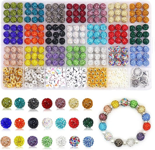 501 Pcs Rhinestone Bead Kit for Bracelet, 10mm Sparkle Clay Crystal Beads for Jewelry Making, 21 Colors Shiny Disco Ball Beads for Crafts Baseball Necklace Keychain Earrings DIY Decoration (Kit 1)