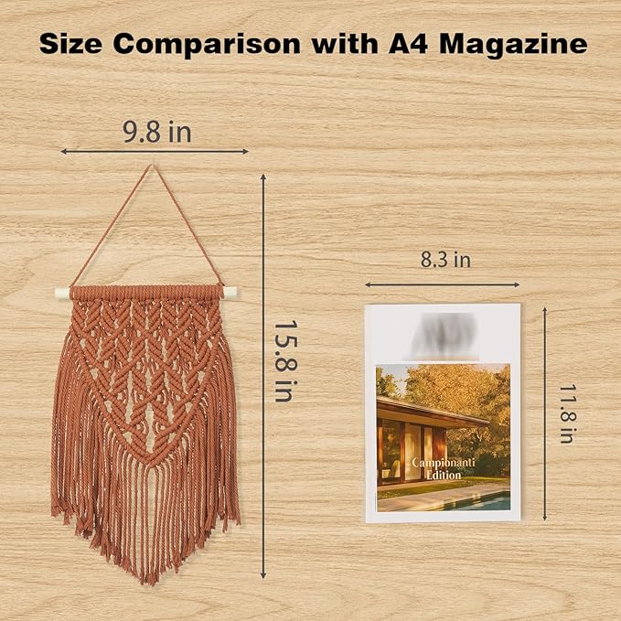 small macrame wall hanging decor boho tapestry for bedroom living room dorm nursery and office, cute aesthetic wall art for small spaces for teen girls and home decor (firebrick red, 16*10 inch)