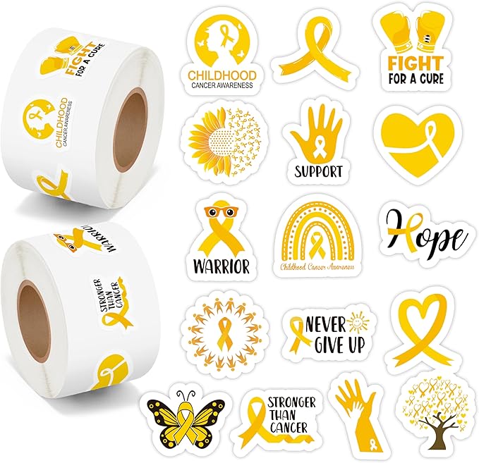 beyumi childhood cancer awareness sticker - 1000pcs pediatric cancer awareness stickers in 2 rolls waterproof vinyl gold ribbon decals school event campaign laptop bottle luggage decor for kids teens