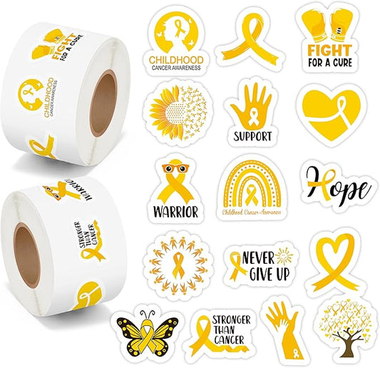 beyumi childhood cancer awareness sticker - 1000pcs pediatric cancer awareness stickers in 2 rolls waterproof vinyl gold ribbon decals school event campaign laptop bottle luggage decor for kids teens