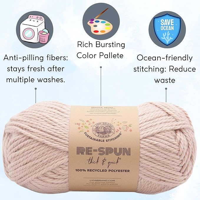 Lion Brand Re Spun Thick & Quick Sepia Rose 843-101 (3-Skeins - Same Dye Lot) Weight S Bulky #6 Polyester Yarn for Crocheting and Knitting with Project Bag