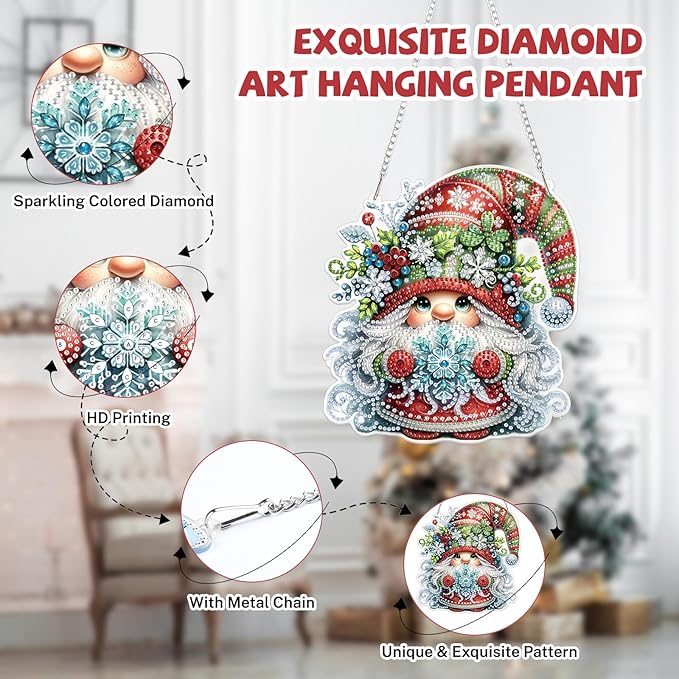 Bowetile Christmas Diamond Art Hanging Kits for Adults, Gnome Diamond Art Suncatchers, 5D Special Shape Diamond Painting Pendant Window Ornament Christmas Gifts for Home Door Wall Decor