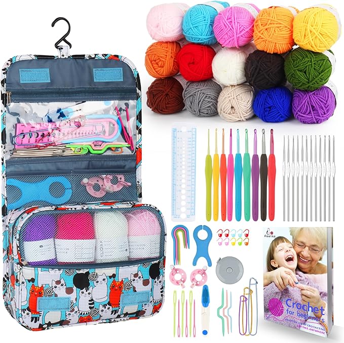 Aeelike Crochet Kit for Beginners with 15 Colors Yarn and Introduction Book, 71pcs Crochet Starter Kit Everything for Adult, Learn to Crochet Kit with Soft Grip Crochet Hooks and Blue Cat Bag