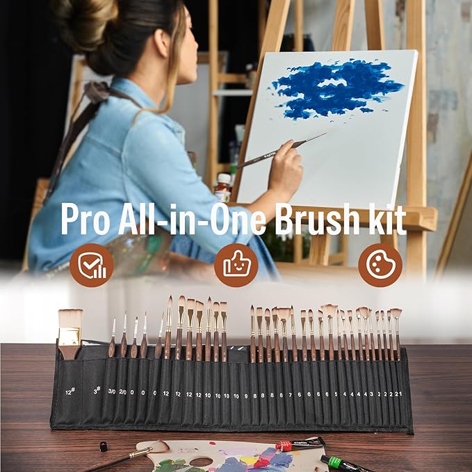 Nicpro 36pcs Paint Brush Set, Professional Paintbrushes with Palette Knife and Cloth Roll, Suitable for Acrylic Painting, Oil, Watercolor, Gouache, Art Supplies for Artists & Beginners (Gold Color)