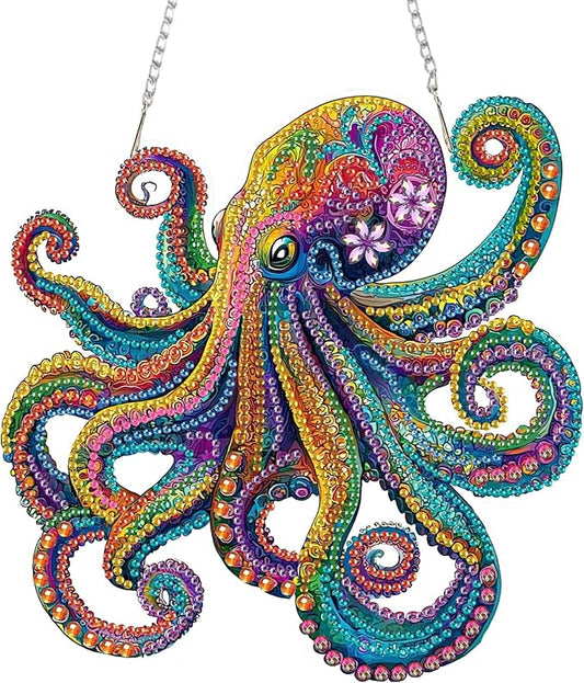 SENQAO Octopus Diamond Art Hanging Kit for Adult, Special Shaped Rhinestone, DIY Acrylic 5D Diamond Art Painting Window Pendants Home Garden Wall Hanging Kits Hanging Ornament