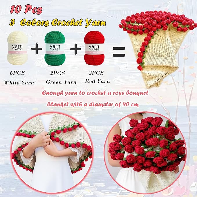 Yarniss Rose Crochet Blanket Kit for Beginner,Crochet Flower Bouquet Blanket Kit with Enough Yarn&Tutorial,Crochet Blanket Kit for Adults