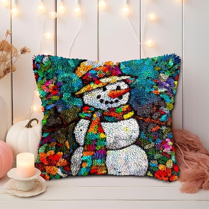 Stained Glass Christmas Snowman DIY Latch Hook Pillow Kits for Adults Printed Pillowcase Crochet Yarns Hooking Handmade Pillow Cover Cushion for Home Sofa Decoration 17x17inch