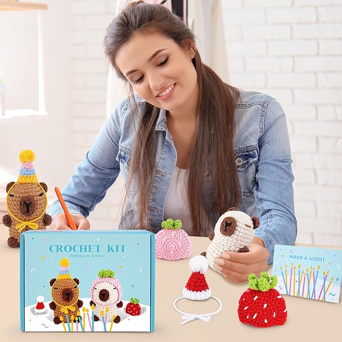 Crochet Kit for Beginner-2PCS Animals Brown and Beige Capybara Crochet Kit with Step-by-Step Video Tutorials,Stuffed Animal Knitting Kit for Adult,Capybara Party Crocheting Kit for Birthday