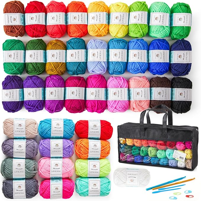 INSCRAFT 48 PCS Crochet Yarn Kit, 1400 Yards 40 Colors Acrylic Yarn Skeins, 2 Crochet Hooks, 2 Weaving Needles, 4 Stitch Markers, 1 Bag, for Crocheting & Knitting, Gift for Beginners and Adults