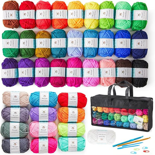 INSCRAFT 48 PCS Crochet Yarn Kit, 1400 Yards 40 Colors Acrylic Yarn Skeins, 2 Crochet Hooks, 2 Weaving Needles, 4 Stitch Markers, 1 Bag, for Crocheting & Knitting, Gift for Beginners and Adults
