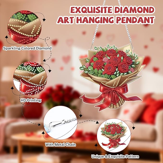 Bowetile Valentine's Day Diamond Art Hanging Kits for Adults, Diamond Art Suncatchers Red Rose Bouquet, 5D Special Shape Diamond Painting Flower Pendant Window Ornament Gifts for Home Door Wall Decor