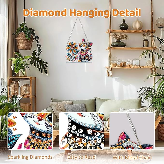 MEIYUDA Flower Cat Diamond Art Hanging Kits for Adult, Colorful Cat Diamond Painting Hanging Kits Ornaments, DIY Special Shaped Rhinestone Window Pendants Kit for Home Garden Wall Decor Gift