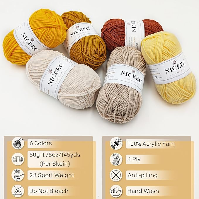 NICEEC 300g Soft Assorted Colors Yarn - Sport Weight,100% Acrylic, 4 Ply, Bonbons Yarn for Crochet & Knit, DIY Project Starter Kit for Kids or Adults(Total 870yds) - Yellow