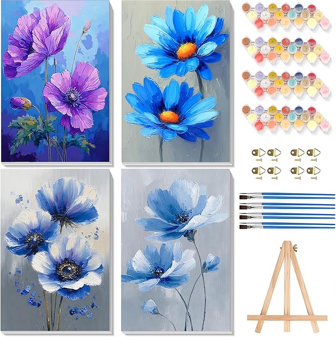 4 Pack Paint by Numbers for Adults with Framed Canvas - with Wooden Easel, Easy Flower Paint by Number for Beginners, Flowers Acrylic Oil Painting on Canvas with Brushes for Home Wall Decor 8x12 inch