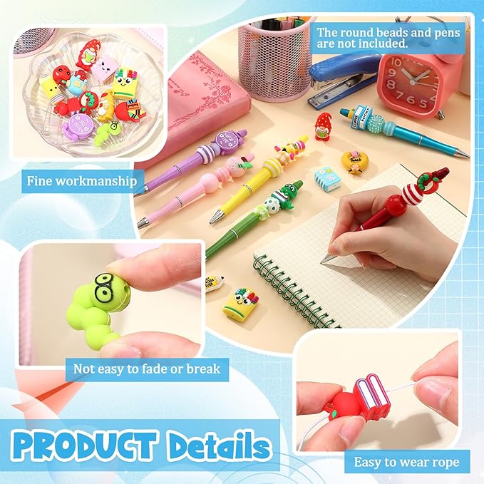 24 Pcs 3D Silicone Focal Beads Pens Beads Bulk for Beadable Keychain DIY Crafts Necklace Bracelet Phone Chain Charms Jewelry Making (Teachers' Day)