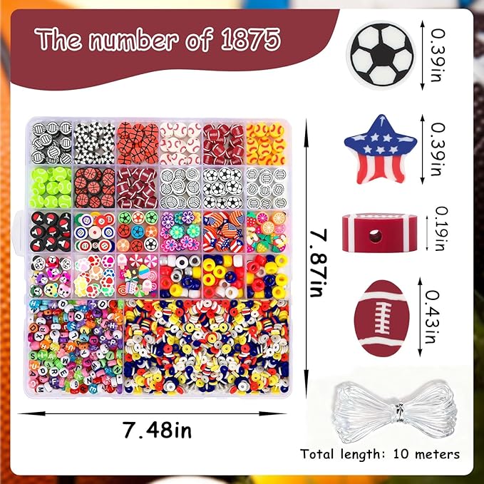 Augshy 1875 Pcs Sports Polymer Clay Beads Kit for Jewelry Making Sports Ball Themed Bead Mixed Football Baseball Soccer Volleyball Beads with Alphabet Beads, Pony Bead, Strings for DIY Bracelets