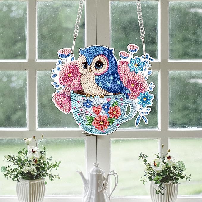 MVVMTOP 6x5inch Diamond Painting Kits Hanging Pendant DIY Owl Wreath Ornaments Shaped Diamond, HGJ099