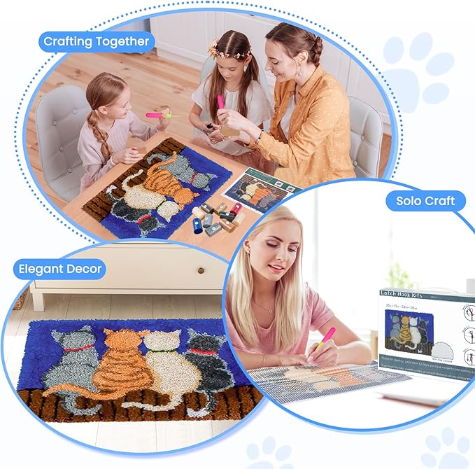 EsLuker.ly Latch Hook Rug Kit DIY Crochet Carpet for Beginners, Cats Patterns Pre-Printed Canvas Yarn Rug Hooking Kits, Creative Craft Home Decor Ideal for Learning Rug Making, Blue