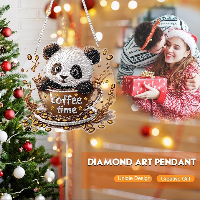 NEWENMO Diamond Art Kit for Adult, Coffee Panda, Diamond Art Painting Double Sided Window Pendants for Home Garden Wall Hanging, DIY Special Shaped Gem Hanging Ornaments, Cute Panda