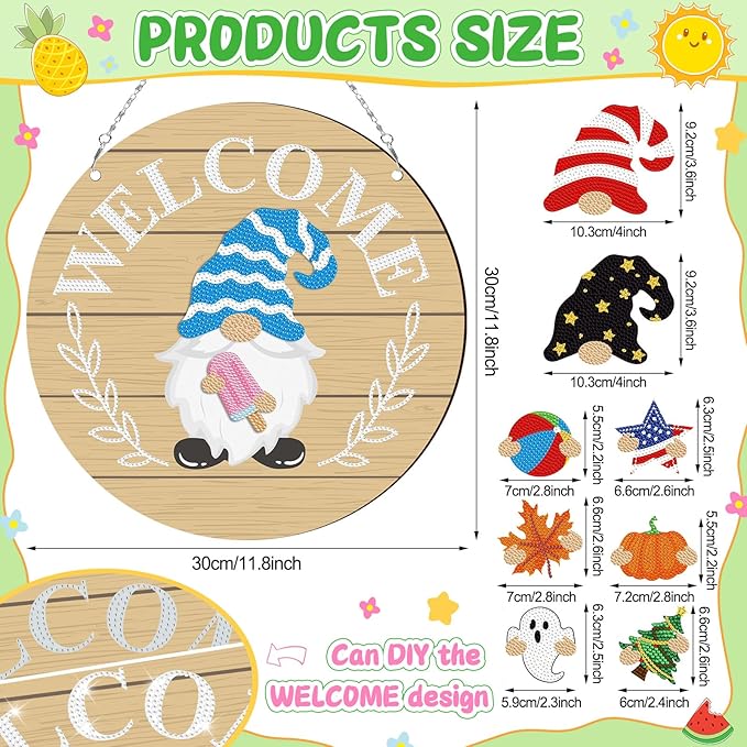 33 Pcs Magnetic Diamond Art Set Interchangeable DIY Gnome Diamond Painting Decor Detachable Welcome Sign Seasonal Door Hanger Gnome Party Decorations Gift for Home Wall Front Door(Classic)