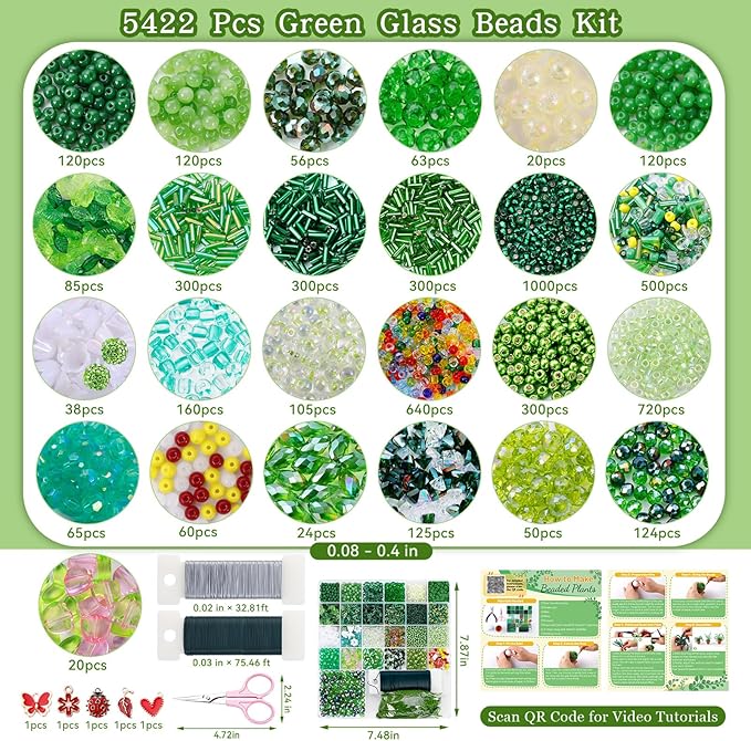 FOGWOWO 5422 Pcs Beaded Plant Kit Forever Plant Kit Green Glass Beads for Plant Making,Green Beads for Beaded Plants with Video Tutorials,Forever Plant Beads Leaf Bead for Jewelry Making DIY Craft