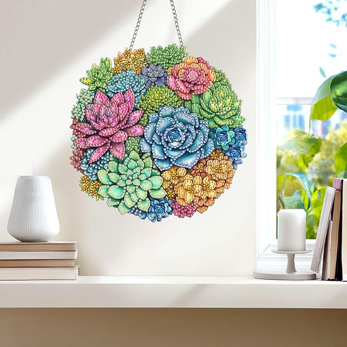 Wergund 5D DIY Succulent Diamond Art Hanging Kits, Hanging Diamond Art Plant, Acrylic Special Shaped Rhinestone, Window Hanging Pendants for Home Wall Garden Front Door Outdoor Decor Gift(Succulent)
