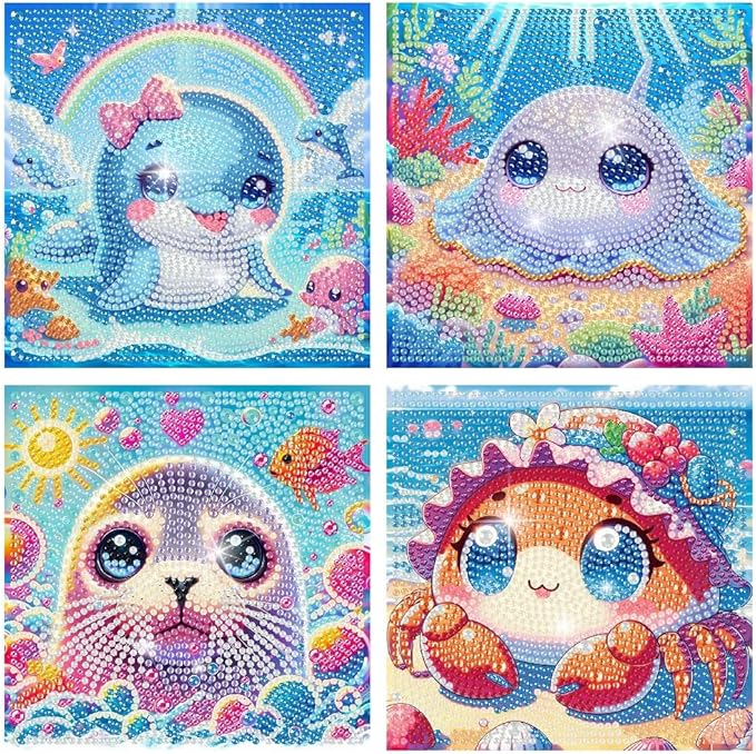 cdjlddww 4 Packs 5D Cartoon Diamond Art Kits for Adults, Cute Sea Animals Art Kit for Adults, DIY Full Round Drill Gem Art for Home Wall Decor Present 6X6 inch(Without Frame)
