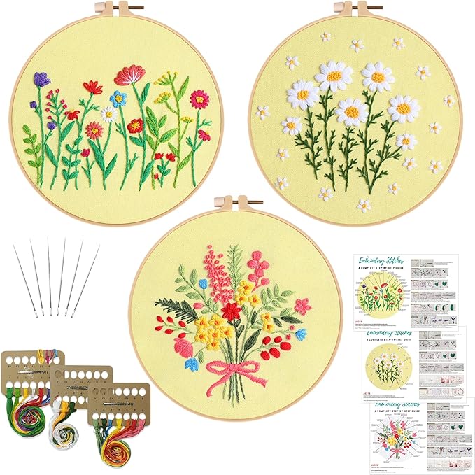 Louise Maelys 3 Sets Flowers Embroidery Kits for Beginners,Cross Stitch Kit for Adults,Starters DIY Needlepoint Including Daisy Florals Bouquet Pattern,Hoop,Instruction and Threads