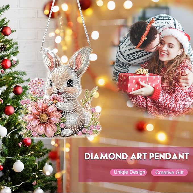 NEWENMO Diamond Art Kit for Adult, Bunny with Flower, Diamond Art Painting Double Sided Window Pendants for Home Garden Wall Hanging, DIY Special Shaped Gem Hanging Ornaments, Easter Bunny