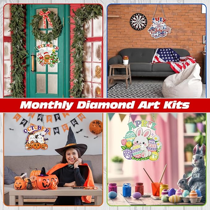 Cinnvoice 12 Pcs Seasonal Diamond Art Wreath Kits Holiday 5d DIY Diamond Art Hanging Signs Winter Spring Ornaments for Wall Door Decoration (Month)