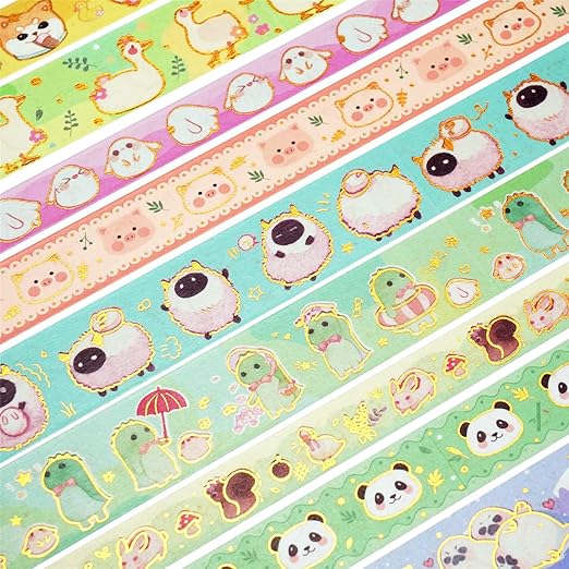 YUBX Cute Pets Washi Tape Set 13 Rolls Wide Gold Embellishment Decorative Masking Tapes for Arts, DIY Crafts, Journals, Planners, Scrapbook, Wrapping (Animal Kindergarten)
