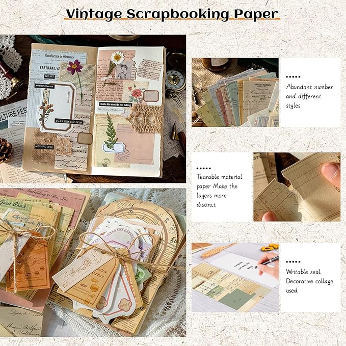 400Pcs Scrapbook Supplies Kit,4 Pack of Vintage Scrapbook Paper for Planner Bullet Junk Journal Supplies, Decoupage Paper Card Making Supplies and Scrapbooking Supplies DIY Mixed Media Collage Card