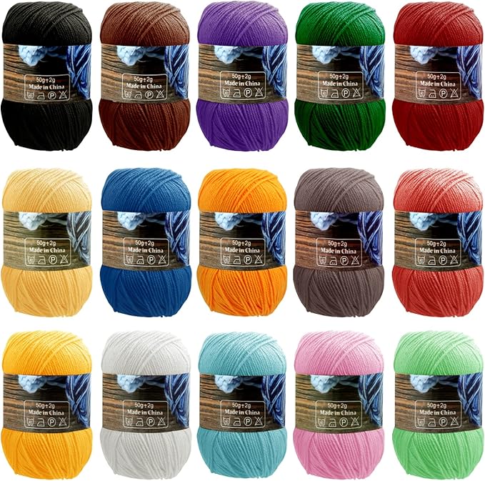 LIHAO 15 Skeins Acrylic Yarn for Crocheting Beginners Crochet Kit with 2.5mm Hook, 2625 Yards Bulk Anti-Splitting Yarn Bundles for Amigurumi, Granny Squares and DIY Crafting