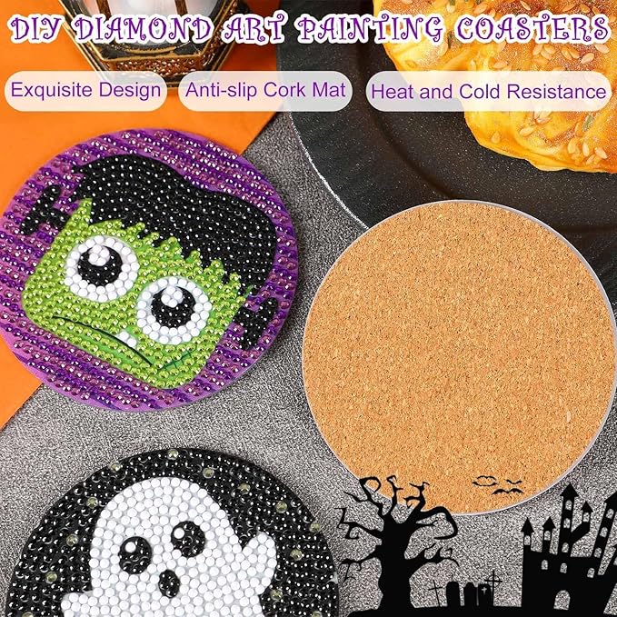 UPINS 8Pcs Halloween Diamond Art Painting Coasters Kits with Holder Diamond Art Non Slip Coaster Kits DIY with Holder Crafts for Adults Diamond Art Painting Kits Supplies