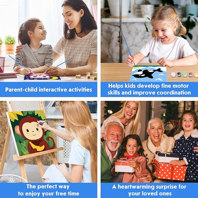 4 Pack Paint by Number for Kids with Wooden Frame, Cartoon Owl, Whale Paint by Numbers for Kids Ages 8-12, Baby Dinosaur, Monkey, DIY Acrylic Oil Painting for Beginners for Home Wall Decor 8X8 inch