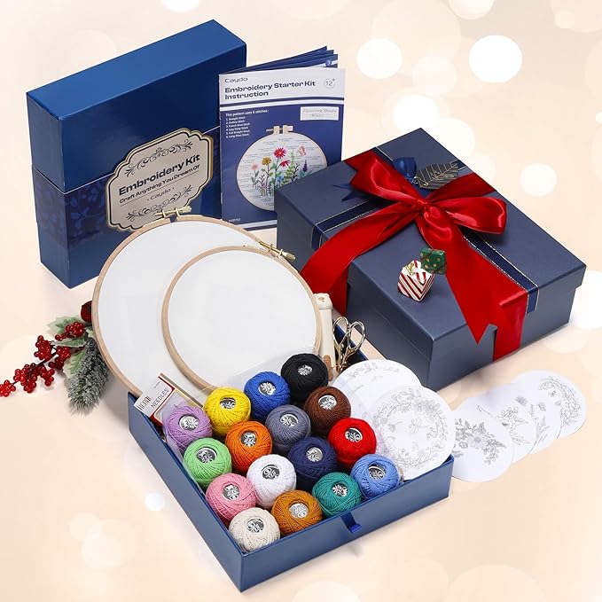 Caydo Luxury Embroidery Kit for Christmas Gift, Beginner Embroidery Kit for Adults with Exquisite Box, Embroidery Hoop, Embroidery Thread and Full Set Embroidery Tools
