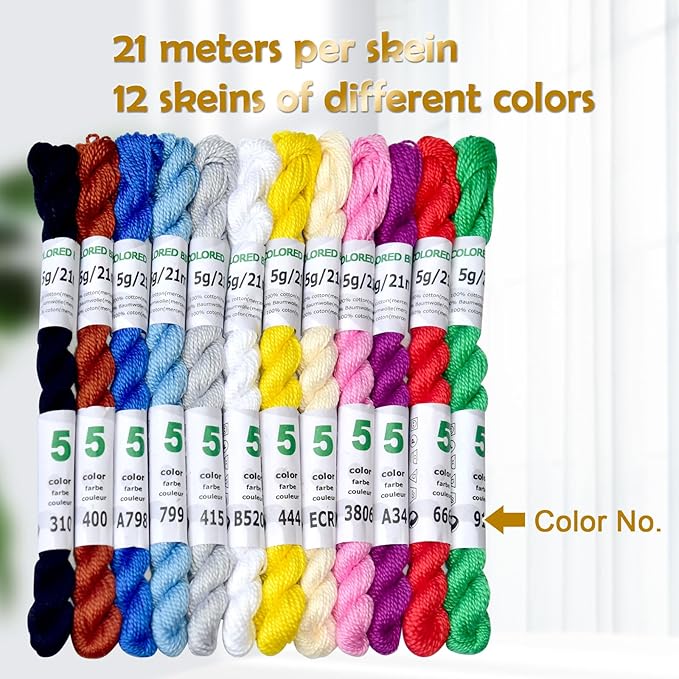 Mercerized Pearl Cotton Crochet Needlepoint Thread,Size 5, 12 skeins,12 Mixed Colors,21 M/Skein