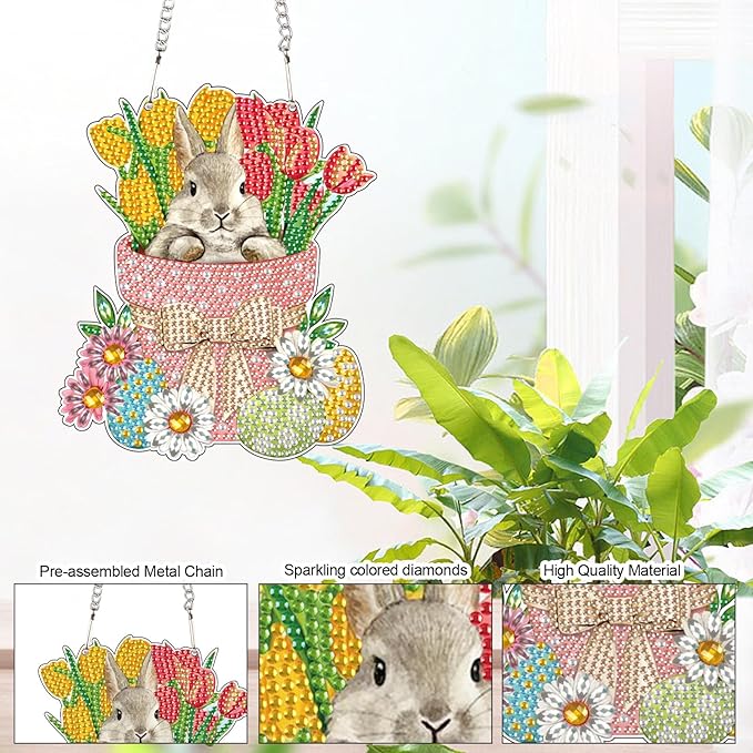 5D Rabbit Diamond Art Suncatcher Hanging Kit, DIY Crystal Diamond Painting Pendant Wall Window Door Decor, Handmade Animal Rhinestone Art Ornament Craft for Home, Garden, Easter or Birthday Gifts