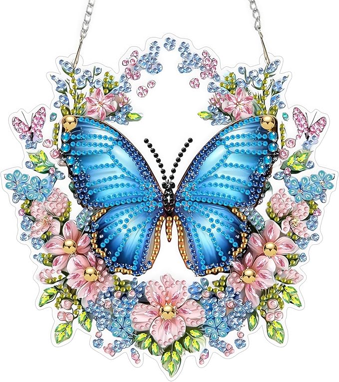 QENSPE Diamond Art Hanging Kits for Adults, 5D Blue Butterfly Special Shape Diamond Paingting Ornaments Kits with Chain, DIY Crystal Window Pendants for Home Garden Wall Decor Double Sided 8X8 inch