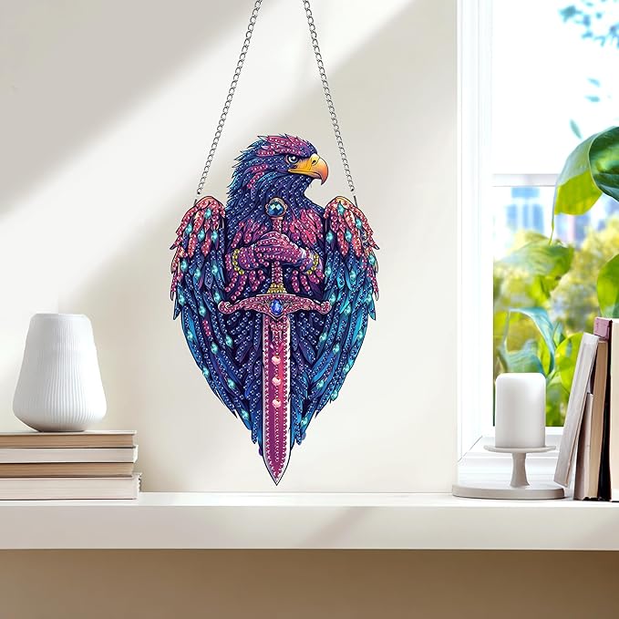 Wergund 5D DIY Eagle Diamond Art Hanging Kits, Hanging Diamond Art Bird, Acrylic Special Shaped Rhinestone, Window Hanging Pendants for Home Wall Garden Front Door Outdoor Decor Gift(Eagle)