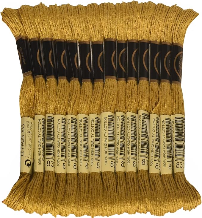 LE PAON Embroidery Floss, 14-Pack Six Strands 100% Long Staple Cotton Embroidery Thread, 8.7-Yard，Color Number：833, Light Golden Olive