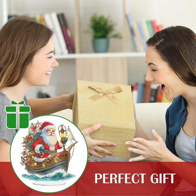 LAKEQUILL Christmas Diamond Painting Kits, Tabletop Ornament, Stand Up Diamond Art Desktop Kits for Home Office Decor, New Year Gift - Santa Claus & Boat