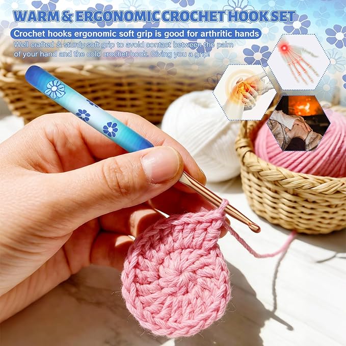 Coopay Warm Crochet Hooks Comfort Grip, Green Daisy Art Handle for Beginners, Longer Aluminum Shaft Crochet Hook Set 2.0mm-6.0mm(B-J), Smooth Needles Set for Crocheting